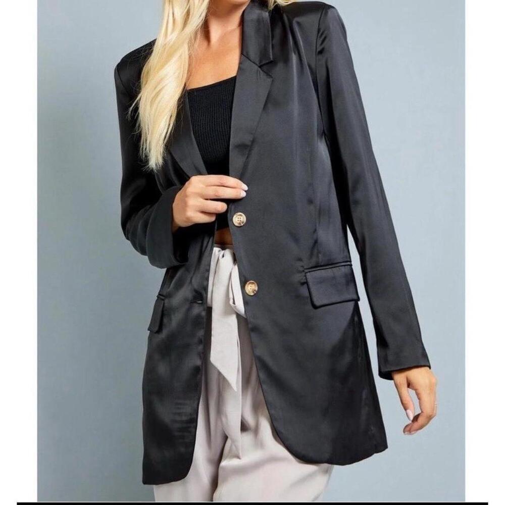 NEW GLAM Black Satin Blazer Size LARGE two buttons & pockets party career